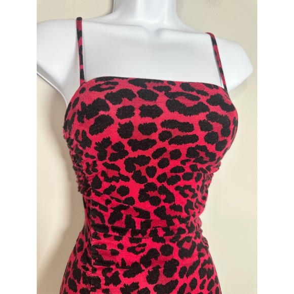 JLUXLABEL Womens Red Black Cheetah Leopard Print Ruched Bodycon Midi Dress Small - Picture 2 of 6